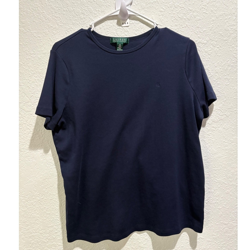 LAUREN RALPH LAUREN Womens Navy Blue Short‎ Sleeve Crew Neck Shirt Plus Size 1X